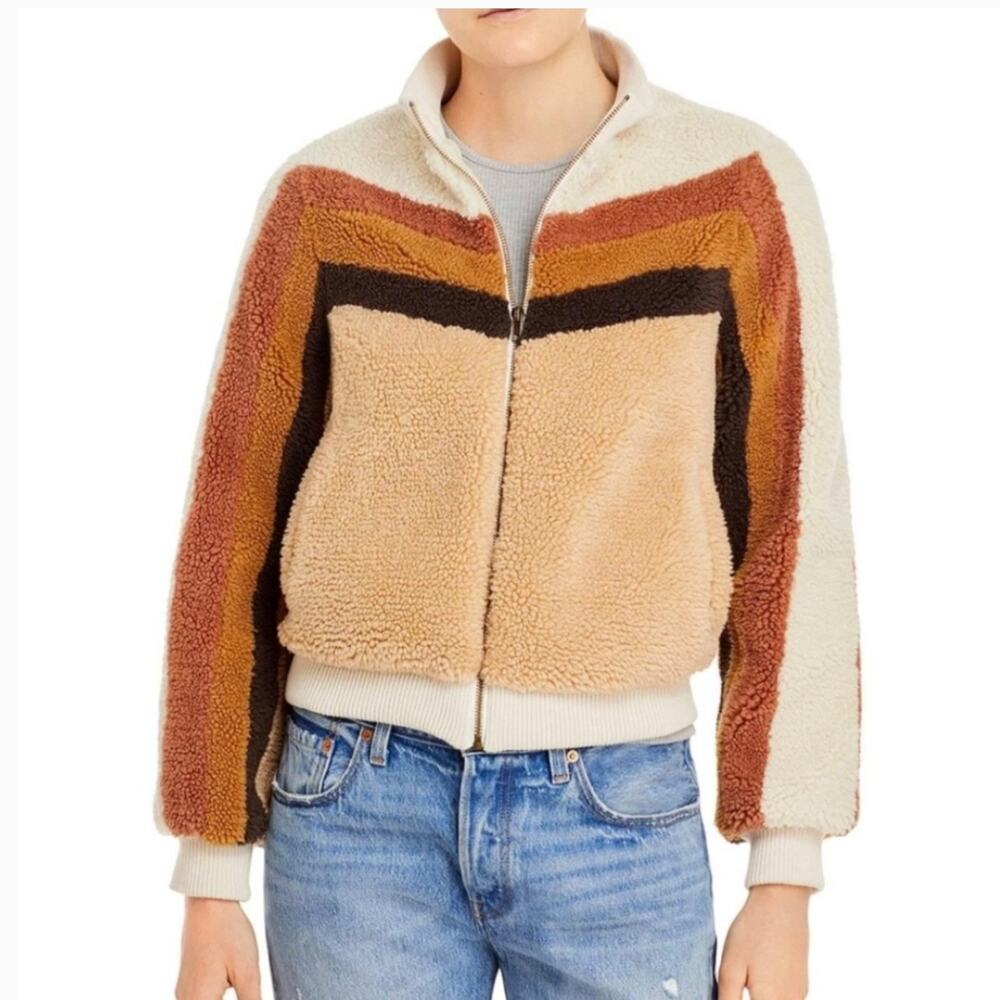 MOTHER Striped Letterman Zip Jacket - Dunes and Don'ts - Sherpa - Size S